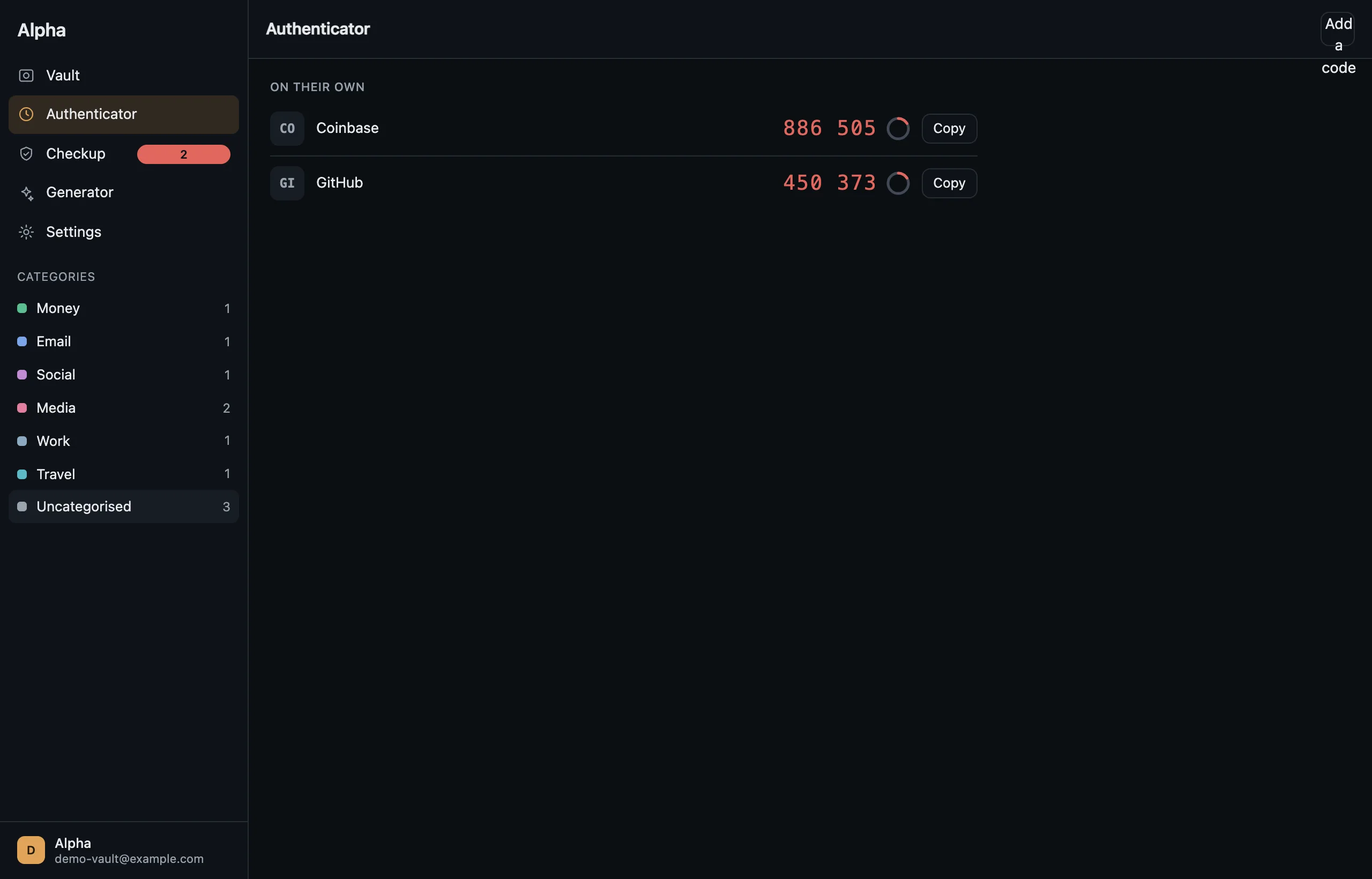 The authenticator: codes grouped by whether they sit inside a login.